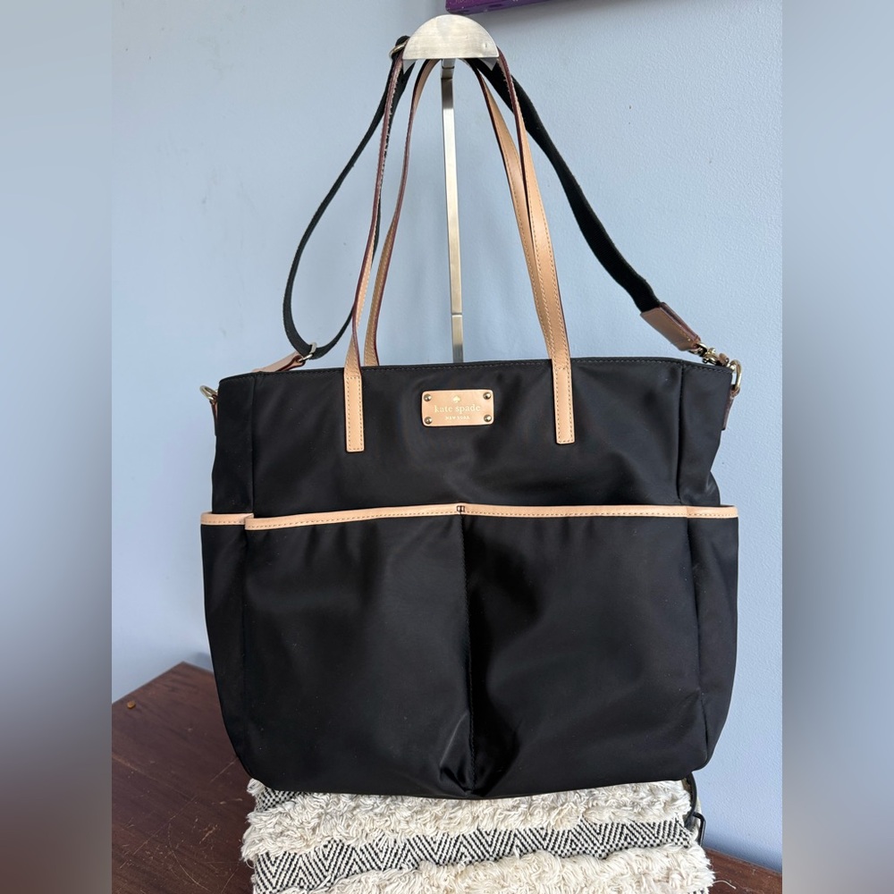 Kate Spade Black Diaper Bag with Tan Trim & Fuchsia Interior